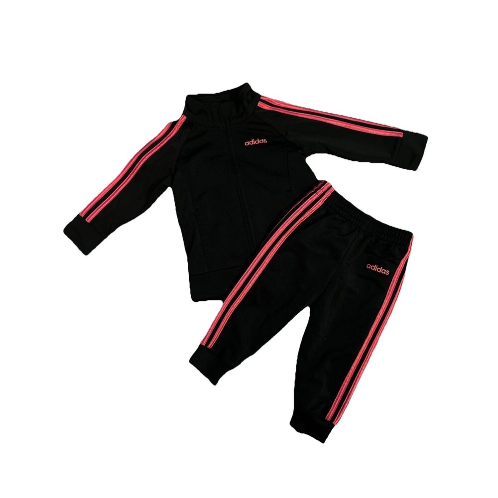 Adidas Track Suit Baby Girl Size 9 Months Infant Outfit Black Hot Pink Trim